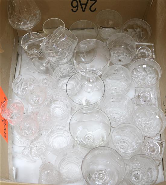 A group of assorted drinking glassware including Stuart brandy balloons